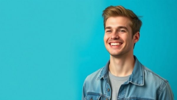 Young man in denim jacket smiling against a blue background.