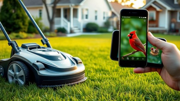 Smart tech in Dallas: robotic mower and phone apps in backyard.