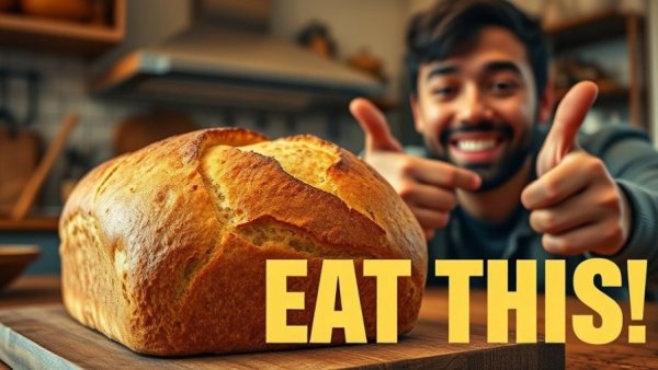 Golden loaf of 'healthiest bread in the world' in cozy kitchen.