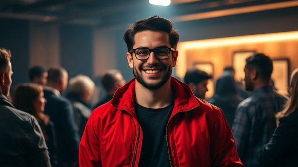 Confident man in red jacket smiling in a dimly lit room, Michael Jackson biopic.