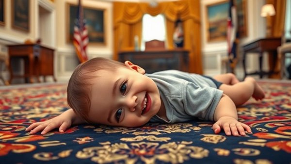 Playful toddler steals show at Oval Office event, relaxed curiosity.