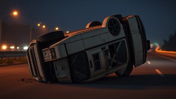 Overturned vehicle on US 281 after a rollover crash at night.