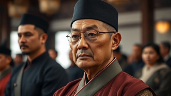 Solemn man in traditional attire at a gathering, national news headlines.