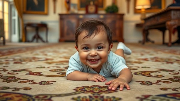 Toddler steals show during Trump Oval Office event, lying on ornate carpet.