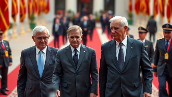 Prominent leaders discussing US-China relations on red carpet.