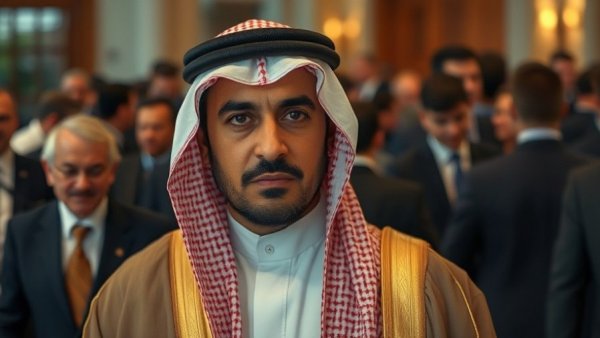 Middle Eastern man in traditional attire, serious, indoor setting.