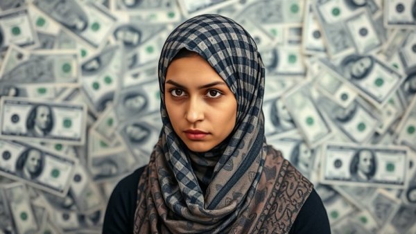 A woman in a headscarf stands against a dollar bill background.