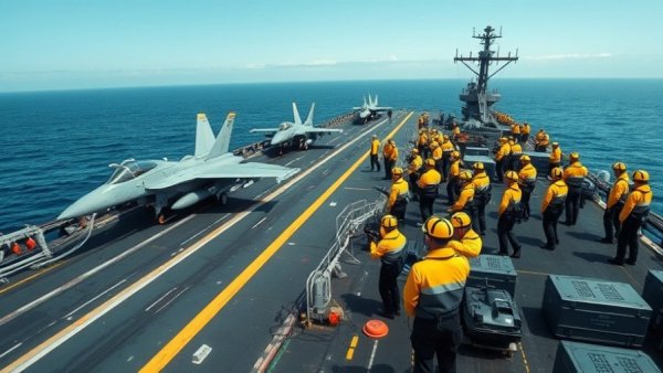 US national news today: Aircraft carrier crew directing fighter jets.