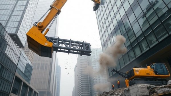 Houston parking garage demolition involving skybridge and excavator.