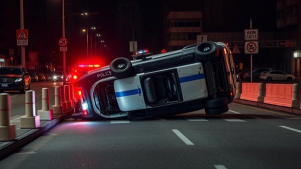 Overturned police car after crash in Houston, night scene.