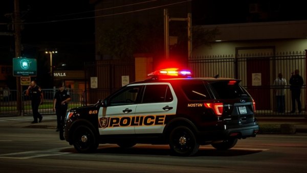 Houston police SUV with flashing lights during night patrol.