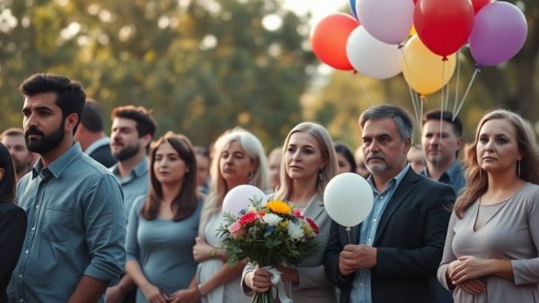 Houston news crime event with emotional gathering and balloons.