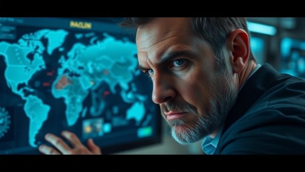 Operation Epic Fury analysis by a focused man on digital map.