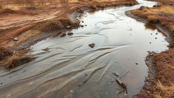 Polluted wastewater stream with dry vegetation, Tesla lithium refinery toxic metals issue.
