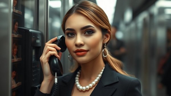Modern pearl jewelry styles on woman using payphone.
