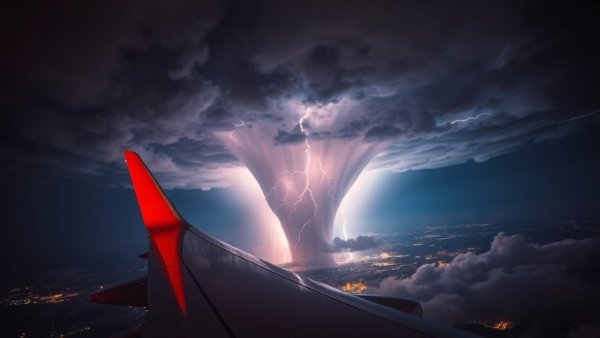 Aerial view of Oklahoma tornado seen from a plane, night sky.