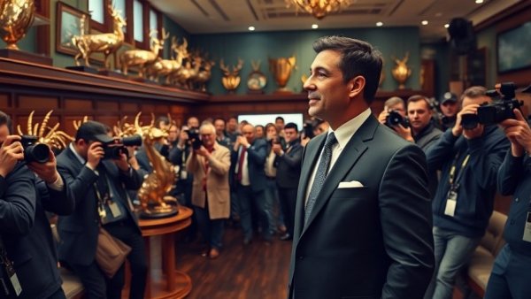 Dallas news today drought: man in suit examines trophies, media presence.