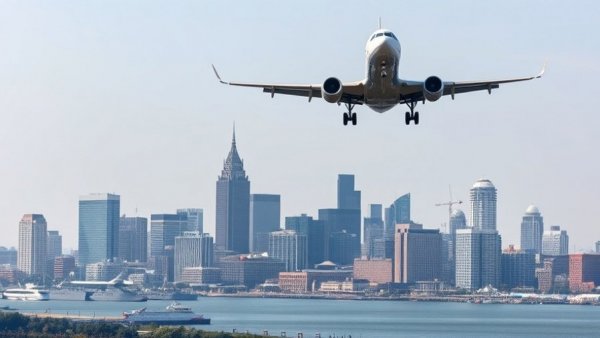 Young people leaving Boston via airplane over city skyline.