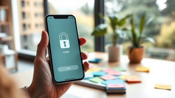 Secure mobile login screen in home setting, surrounded by sticky notes.