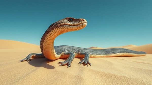 Prehistoric snake evolution in desert with limbs exposed.