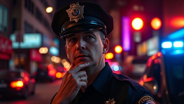 Dallas police officer at nighttime scene with vibrant lights.