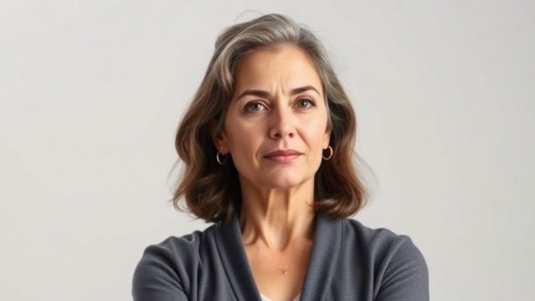 Middle-aged woman demonstrating signs of high-functioning PTSD, standing.