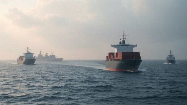 Naval escorts near cargo ships in the Strait of Hormuz, hazy seascape.