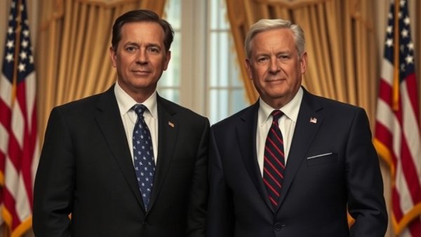 US-Iran peace talks with two men in formal suits standing in front of American flags.