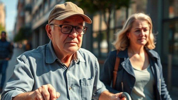 Older man uses walker with woman, sunny day, health news context.