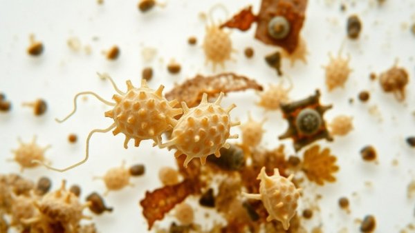 Microscopic view of ancient rotifers amidst organic debris.