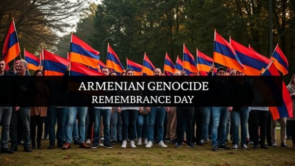 Armenian Genocide Remembrance Day event with people holding flags.