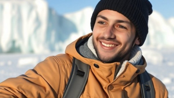 Young man smiling in a winter jacket and hat, icy background, missing Northern Michigan student.