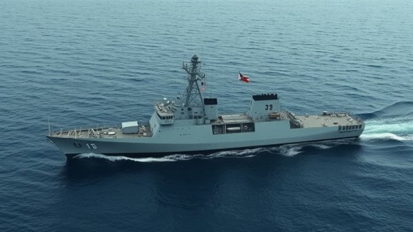 Naval ship in calm sea represents Trump blockade in Iran peace talks.