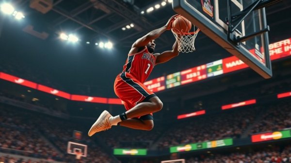 NBA top plays highlight with player performing mid-air dunk.