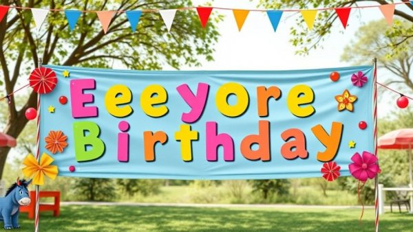 Eeyore's Birthday Party Austin banner, colorful letters.