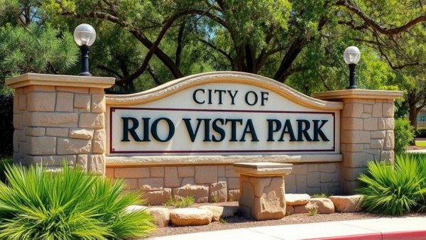 Rio Vista Park sign in San Marcos, Texas, sunny day.