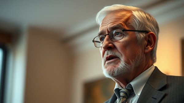 Distinguished man speaking at event, indoor lighting.