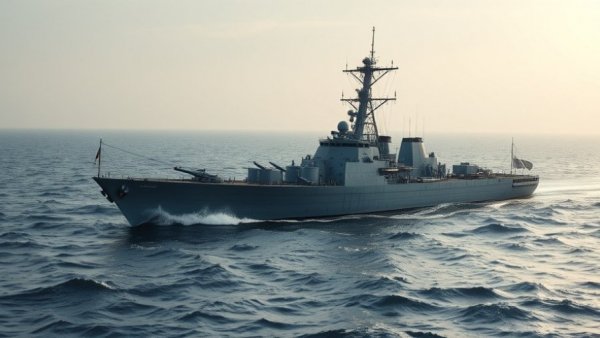Naval warship sailing in ocean, related to US Iran negotiations.