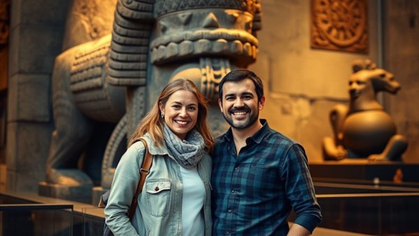 Couple smiling in front of stone sculpture at museum