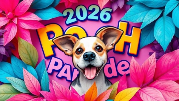Colorful design of the 2026 Pooch Parade San Antonio poster, featuring vibrant leaves and typography.
