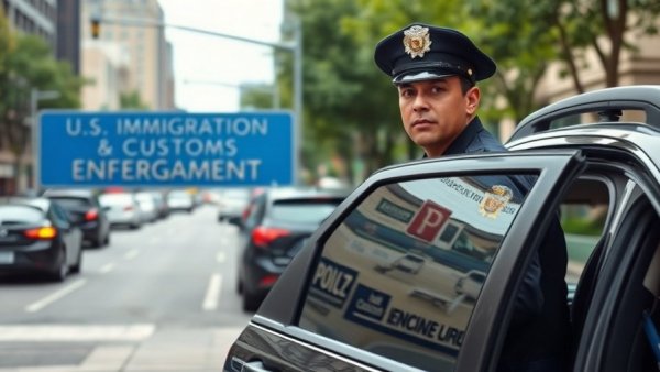 Police officer near U.S. Immigration sign in Texas, highlighting immigration policy.