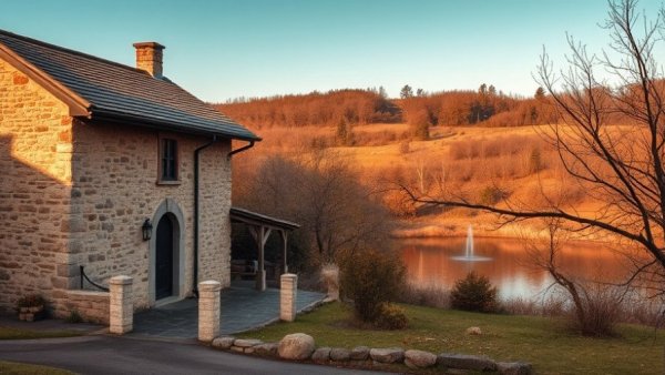 Camp Mystic landscape with building and pond in serene setting.