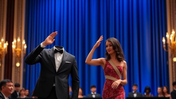 Breaking news trump: elegant couple saluting at formal event, blue curtain.