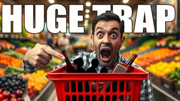 Shocked man pointing at hidden grocery items indicating healthy eating routines.