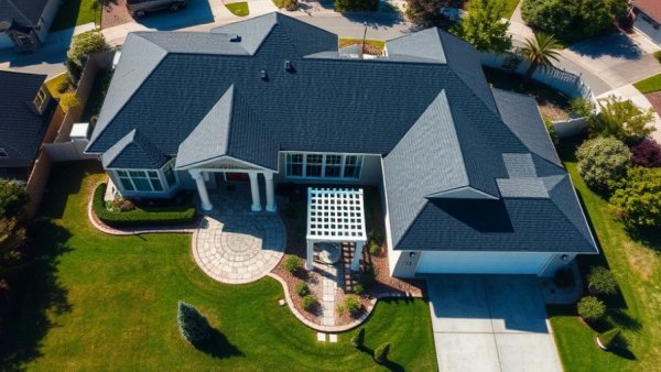 Aerial view of luxurious suburban home, sunny day, spacious yard.