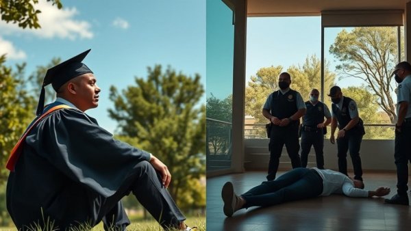 Graduate outdoors juxtaposed with police arrest scene indoors.