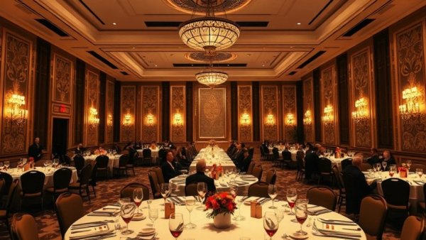 Banquet hall during prestigious event with formal setting.
