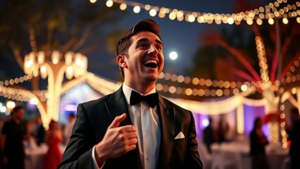 Breaking national news event with a man in a tuxedo outdoors at night.