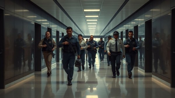 Breaking news scene with security and military in a hallway.