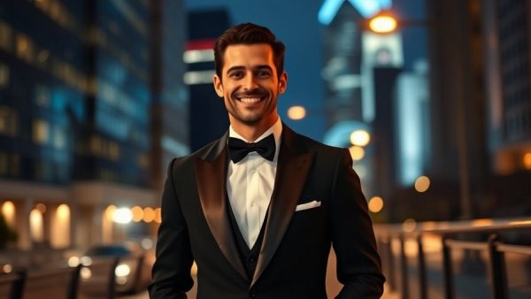 Elegant man in tuxedo at nighttime event, soft lighting.